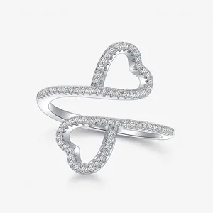 925 Sterling Silver Double Heart Ring For Women Minimalist Pave Zirconia Romantic Sweet Finger Ring Elegant Jewelry Gift