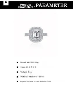 Detail of 925 silver ring featuring rectangular zircon center stone and halo setting