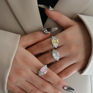 Three S925 silver rings with square ice-flower cut radiant stones in pink, yellow, and clear