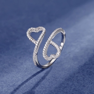 Sparkling double heart silver bypass ring with white zircon stones for women