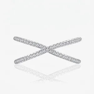 925 Sterling Silver Crisscross X Ring For Women Minimalist Micro Pave Rhinestone Geometric Double Row Band Fashion Jewelry