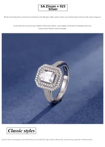 Macro shot of 925 silver ring featuring a rectangular zircon with double halo setting