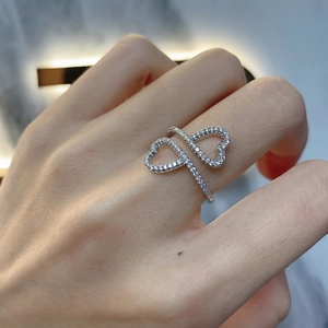 S925 sterling silver ring with double heart design and sparkling pavé zircon stones