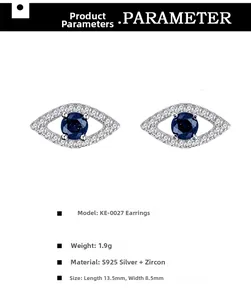 Macro view of S925 sterling silver Evil Eye stud earring with blue and white zircon
