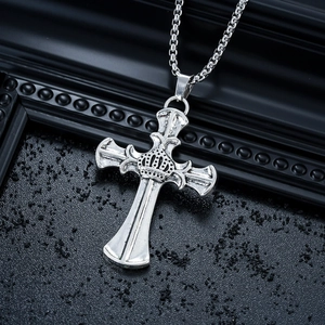 Collana con Ciondolo Croce e Corona Vintage Acciaio al Titanio Lega Gotico Punk Hip Hop Gioielli da Uomo Catena di Metallo retrò