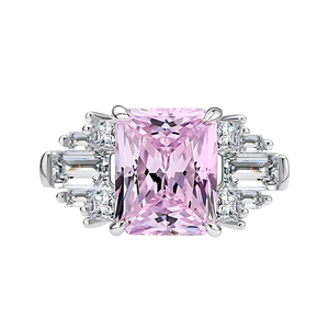 S925 sterling silver ring with a large pink radiant-cut gemstone and side diamonds