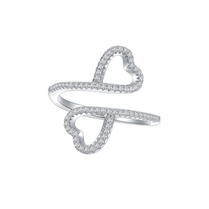 Polished silver double heart open ring with white zircon stones on a white background