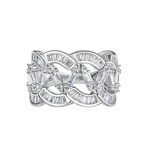 Bague large vagues en argent sterling avec cristaux rectangulaires et ronds brillants