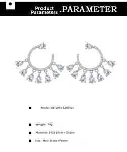 Macro shot of S925 silver fan-shaped fringe earrings with seven teardrop-cut cubic zirconia