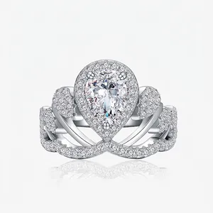 Bague Couronne en Argent Sterling 925 pour Femme Luxueuse Incrustée de Strass en Forme de Poire Bijoux de Mode Mariage