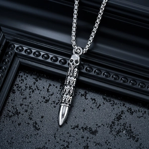 Vintage Gothic Skull Bullet Pendant Necklace For Men Women Stainless Steel Box Chain Punk Rock Hip Hop Jewelry