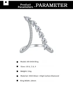 Macro detail of S925 silver ring with pear-cut diamonds and product dimensions
