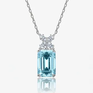 925 Sterling Silver Aquamarine Pendant Necklace For Women Emerald Cut Light Blue Zirconia Inlaid Jewelry Party Gift
