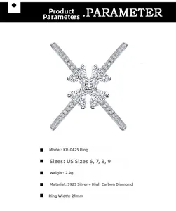 Detailed specs of S925 silver X-shaped ring with 21mm width and heart diamond cluster