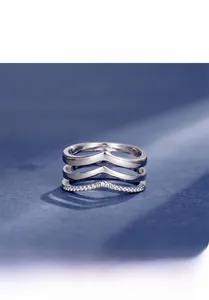 Close-up of triple-layered V-shape 925 sterling silver ring with 5A cubic zirconia stones
