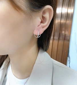 Macro shot of S925 sterling silver interlocking double hoop earrings with pavé zircon