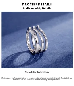 Macro view of multi-layer S925 sterling silver ring with micro-pave zircon setting detail