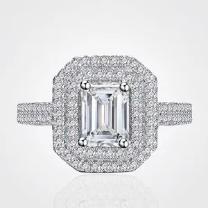 925 Sterling Silver Zirconia Ring Emerald Cut Double Halo Geometric Inlaid Luxurious Engagement Jewelry Finger Ring For Women