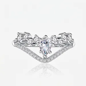 S925 Sterling Silver Water Drop Zirconia Ring Elegant V Shaped Crown Ring For Women Wedding Engagement Party Finger Jewelry