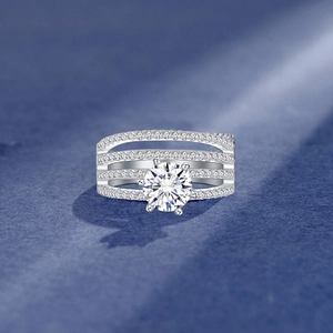 Luxurious S925 sterling silver multi-layer ring featuring a large round-cut sparkling solitaire