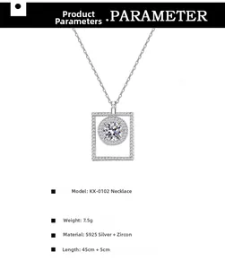 Detail showing S925 sterling silver spinning necklace with cubic zirconia and dimensions