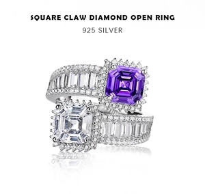 Detailed macro of 925 silver open ring featuring square purple and clear gemstones