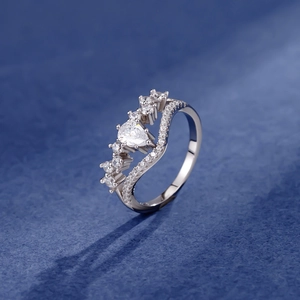 Elegant wave design S925 sterling silver ring with pear-cut cubic zirconia and small stones