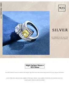 Macro shot of 925 silver ring featuring a yellow Asscher cut stone and pavé accents