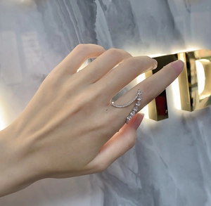 Macro shot of 925 sterling silver ring with cubic zirconia stones on model hand