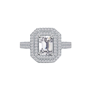 925 Sterling Silver Emerald Cut Ring with Double Halo and Pave Set Shank