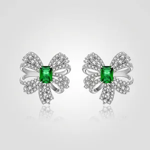 925 Sterling Silver Bow Stud Earrings For Women Emerald Cut Green Zirconia Luxurious Inlaid Fashion Jewelry Accessories