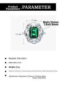 Macro shot of 925 silver emerald cut green gemstone ring with marquise zircon stones