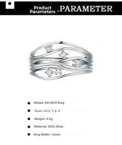 S925 sterling silver wavy layered ring specification chart with zircon stones and sizing