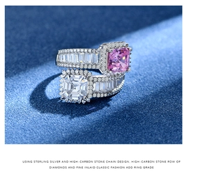 Macro shot of 925 sterling silver ring with square pink and white asscher cut stones