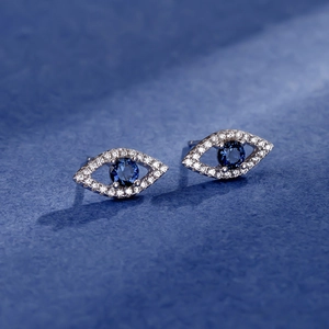 S925 sterling silver evil eye stud earrings with blue sapphire zircon and white pavé accents