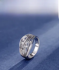 Macro shot of S925 sterling silver wavy ring with sparkling 5A cubic zirconia stones