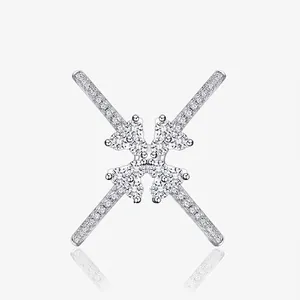 Luxurious 925 Sterling Silver Crossover Ring For Women Pave Rhinestone X Shaped Adjustable Geometric Fashion Jewelry Finger Ring