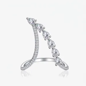 Elegant 925 Sterling Silver Wavy Ring For Women Asymmetric Pear Cut Rhinestone Inlaid Fashion Open Finger Jewelry Gift