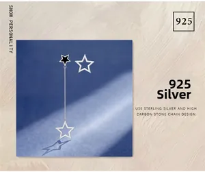 Detail of asymmetric S925 sterling silver star earrings with delicate chain tassels