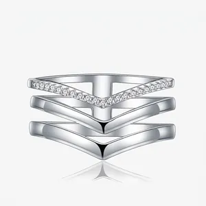 Minimalist 925 Sterling Silver Multi Layer Chevron Stacking Ring For Women Pave Rhinestone Geometric V Shape Finger Jewelry