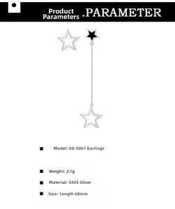 Detailed specs of S925 sterling silver asymmetrical star tassel earrings with dimensions