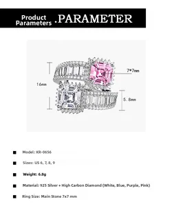 Detailed spec sheet showing 925 silver 7x7mm square cut high carbon diamond ring dimensions