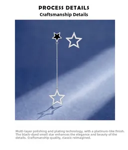 Close-up of S925 sterling silver star earrings with black tassel chain and hollow star stud