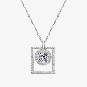 925 Sterling Silver Zirconia Pendant Necklace For Women Elegant Rotating Geometric Square Round Hollow Jewelry Gift
