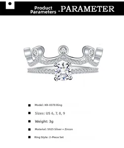 Détail macro de bagues couronne empilables en argent S925 avec zircon et les tailles