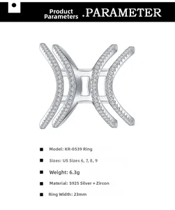 Detailed size specifications for sterling silver crossover ring with white zircon stones