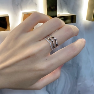 Three-layer V-shaped 925 sterling silver ring with micro-pave cubic zirconia accents