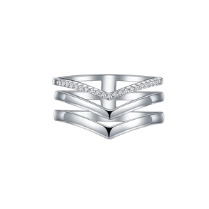 Three-layer layered V-shaped 925 sterling silver ring with sparkling zircon stones