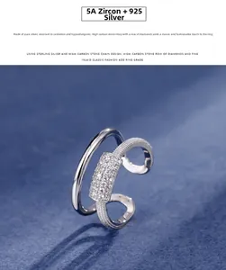 Macro detail of a 925 sterling silver double-layer ring with sparkling 5A zircon stones