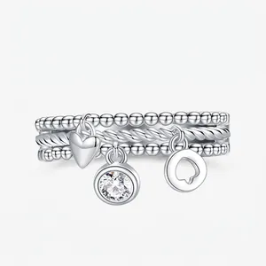 925 Sterling Silver Triple Layer Band Ring For Women Zirconia Heart Spade Pendant Individualist Fashion Jewelry Accessory